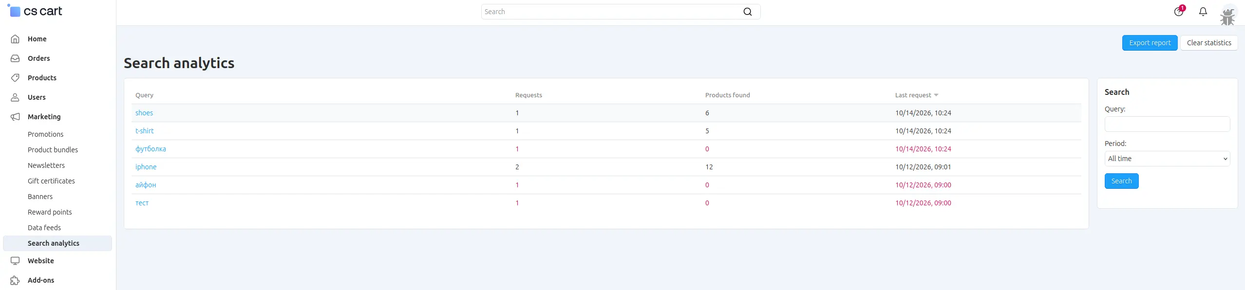 Search analytics report in the CS-Cart administration panel