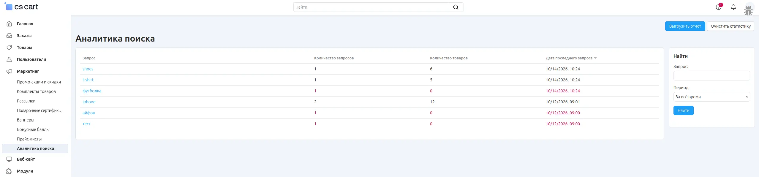 Отчёт по поисковым запросам в панели администратора CS-Cart